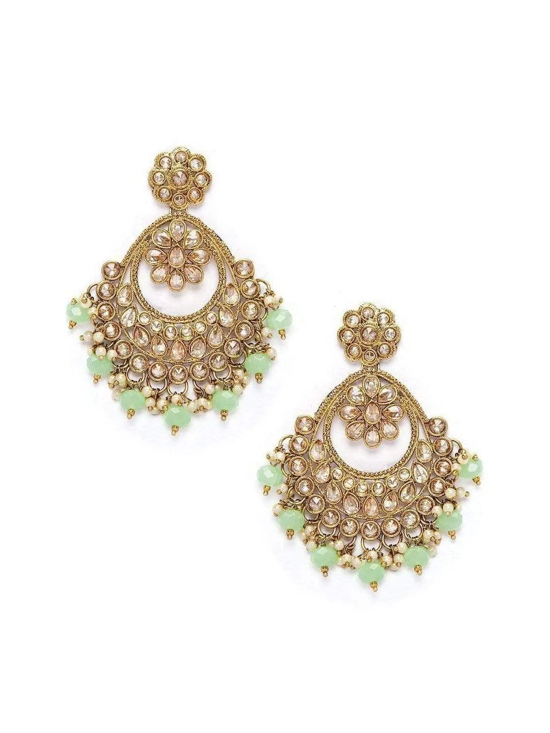 Rubans Gold Plated Kundan Studded Pastel Green Color Beads Embellished Statement Chandbali Earrings