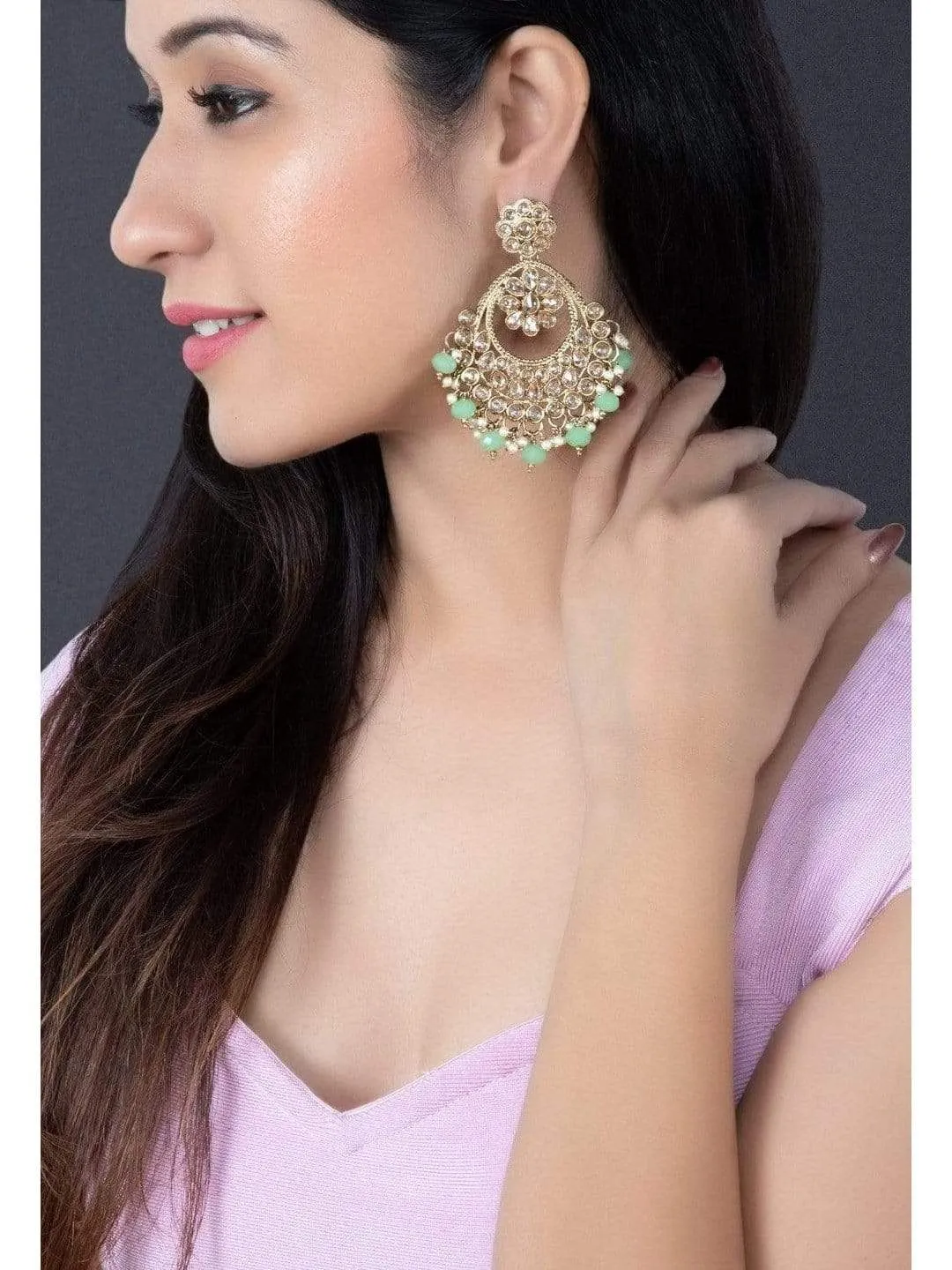 Rubans Gold Plated Kundan Studded Pastel Green Color Beads Embellished Statement Chandbali Earrings