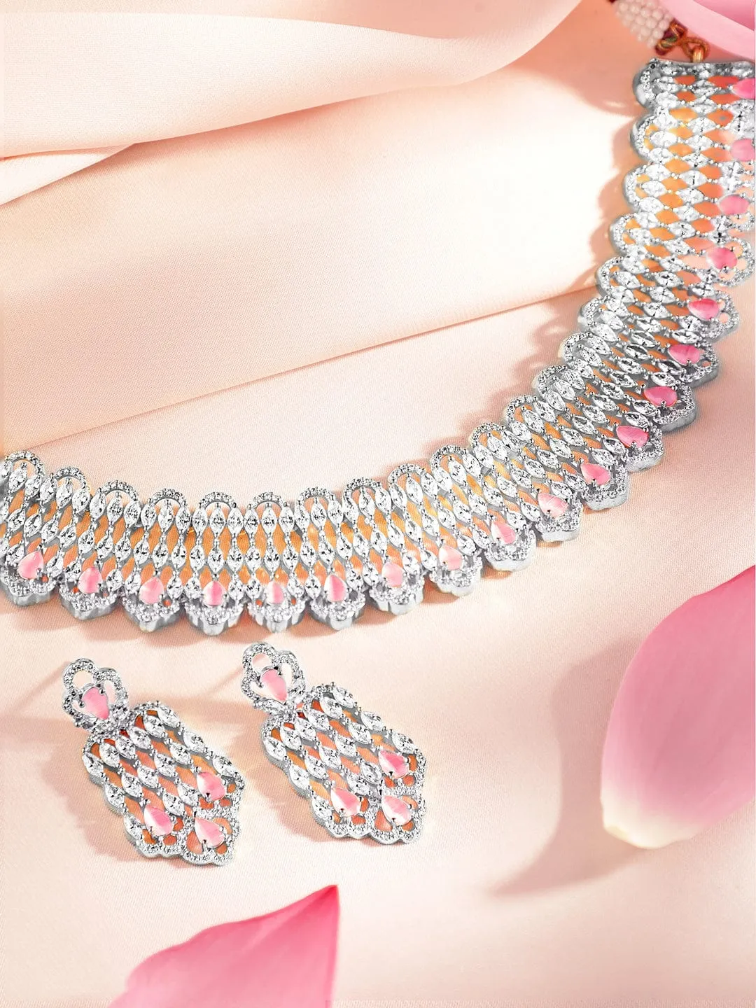 Rubans Rhodium-Plated Pastel Pink AD Stone & Cubic Zirconia Studded Choker Necklace Set