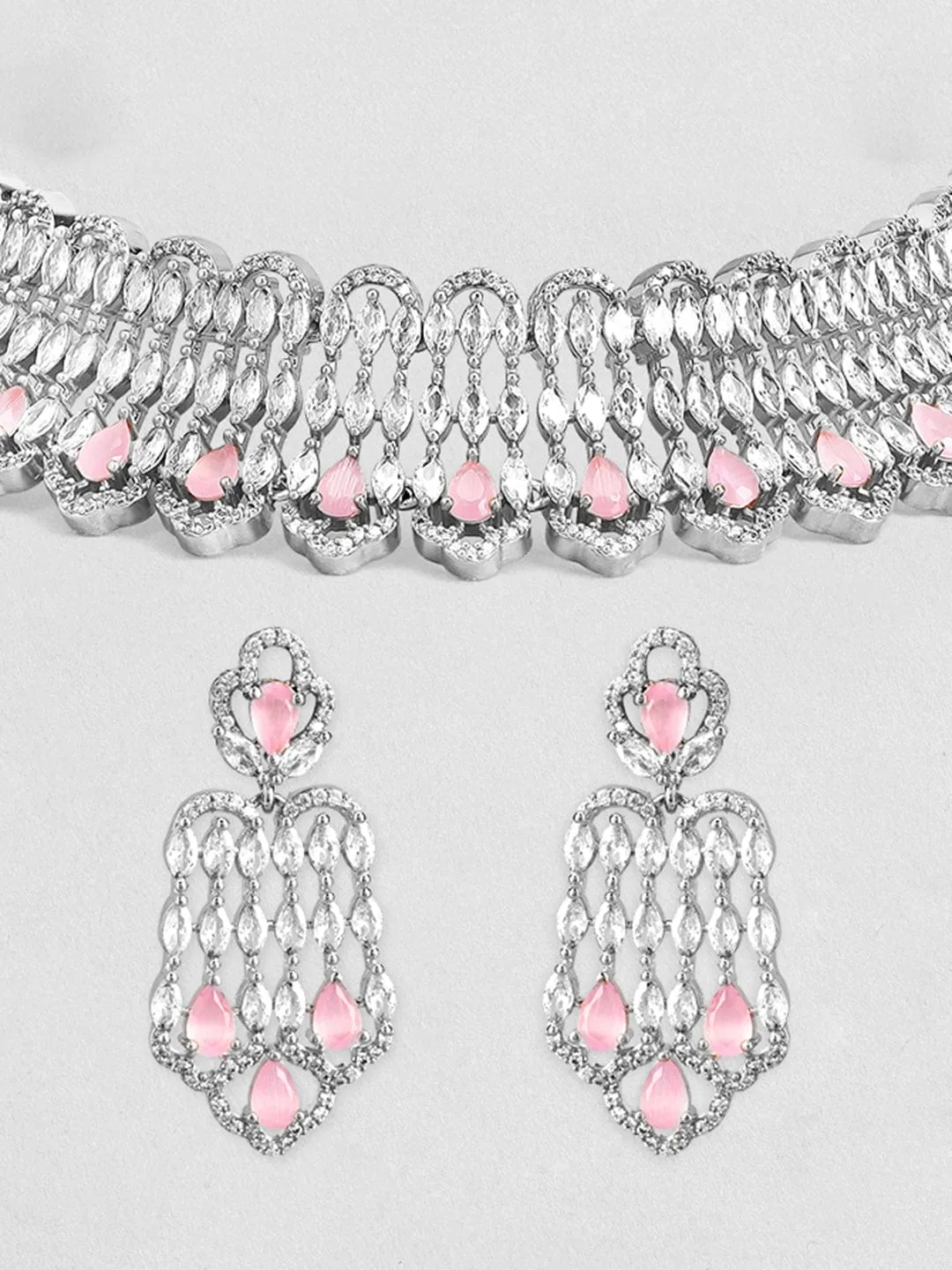 Rubans Rhodium-Plated Pastel Pink AD Stone & Cubic Zirconia Studded Choker Necklace Set