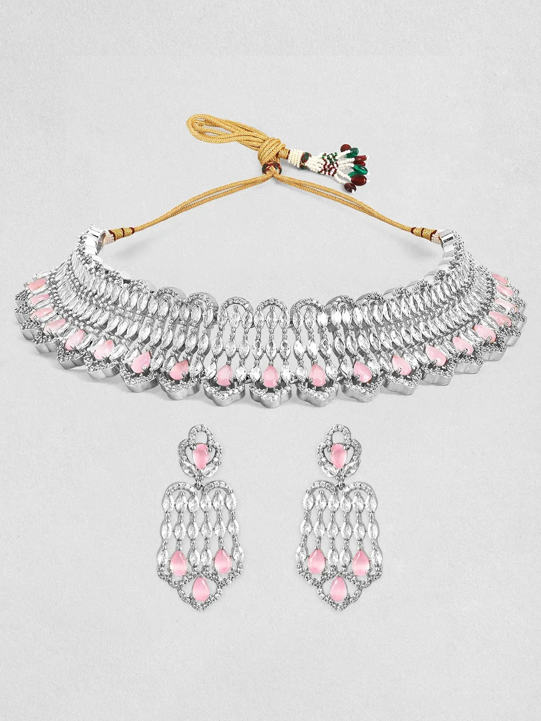 Rubans Rhodium-Plated Pastel Pink AD Stone & Cubic Zirconia Studded Choker Necklace Set
