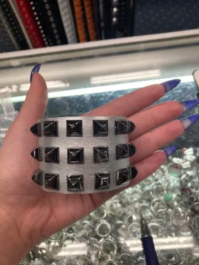 Silver Leather Bracelet w/ Three Rows of Black Pyramid Studs