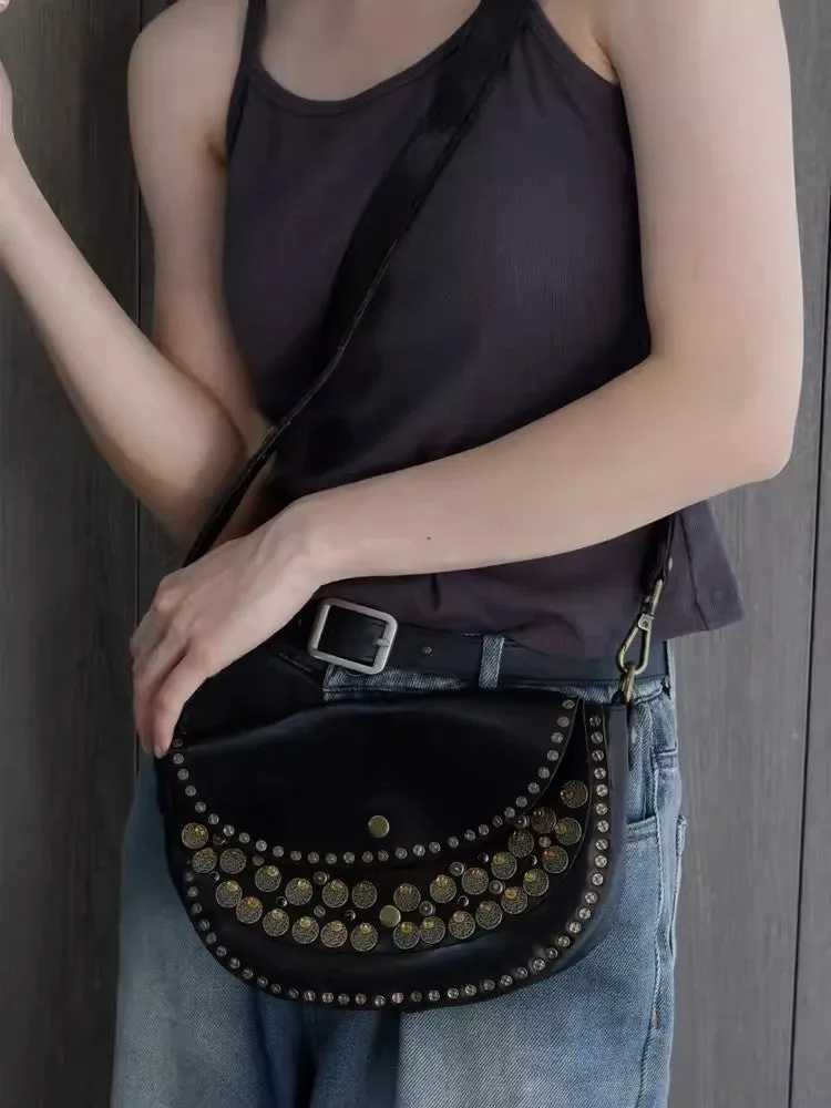 Studded Women's Shoulder Bags Leather Black Crossbody Bags For Women