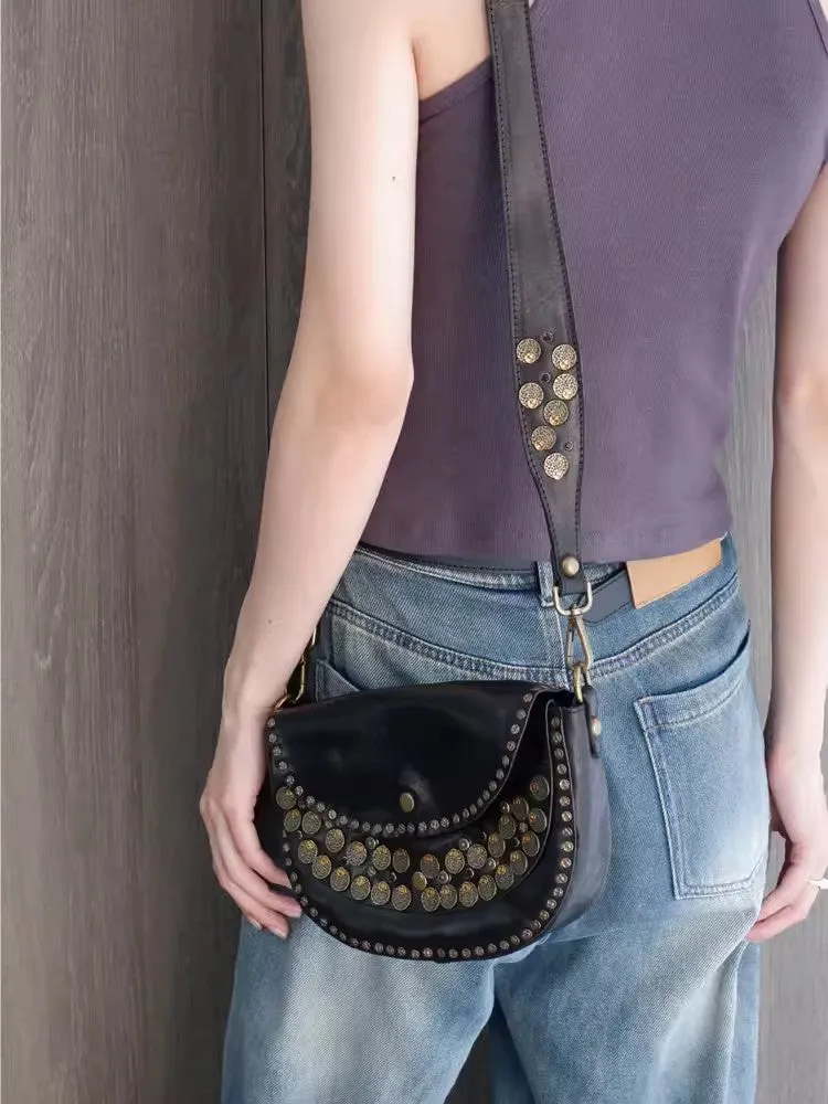 Studded Women's Shoulder Bags Leather Black Crossbody Bags For Women