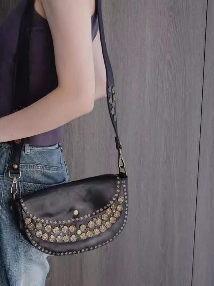Studded Women's Shoulder Bags Leather Black Crossbody Bags For Women