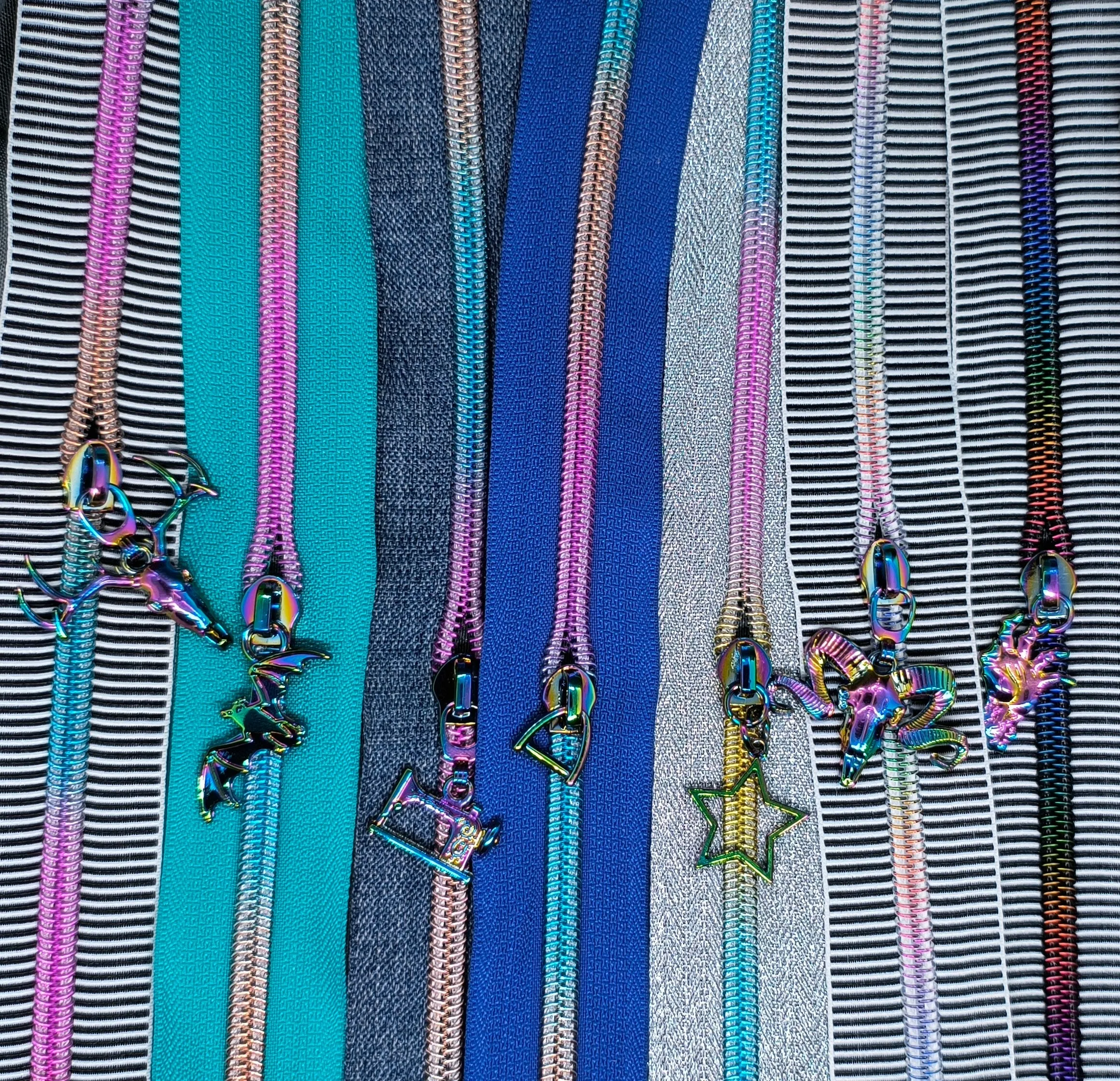 Thin Black and White stripes with Pastel Rainbow Gradient Teeth Zipper Tape
